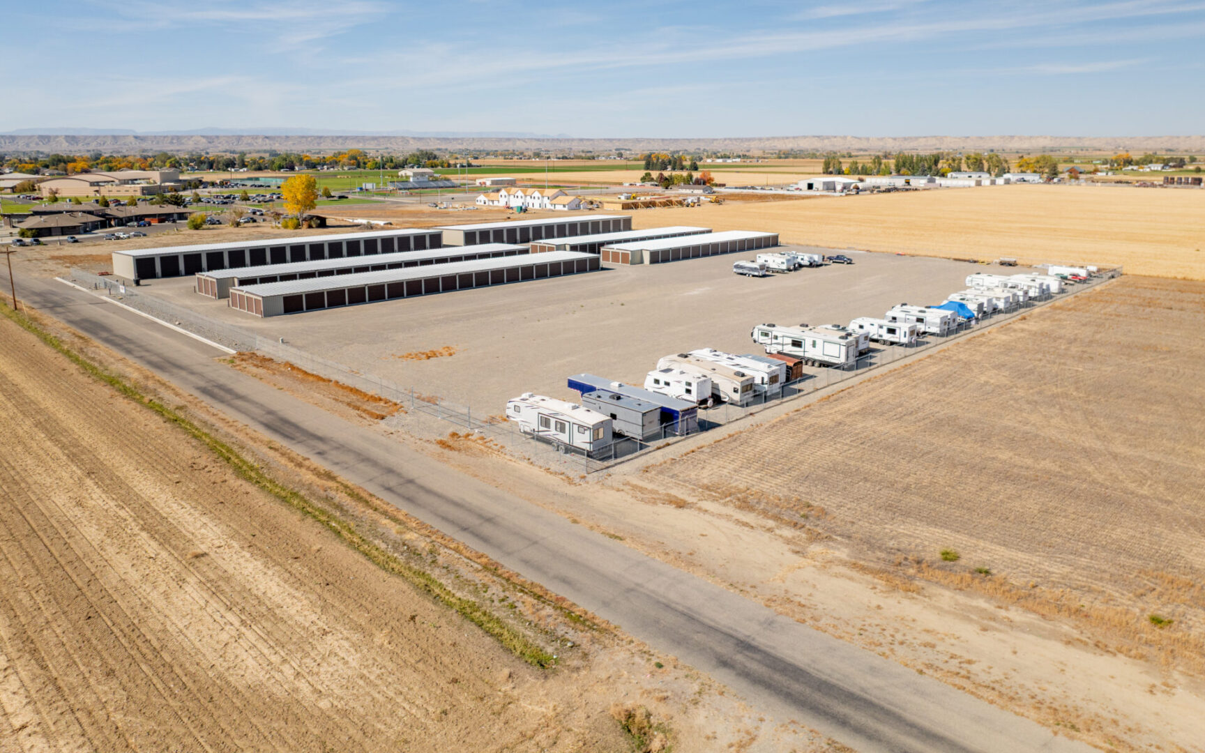 Aerial view of storage units and parked RVs